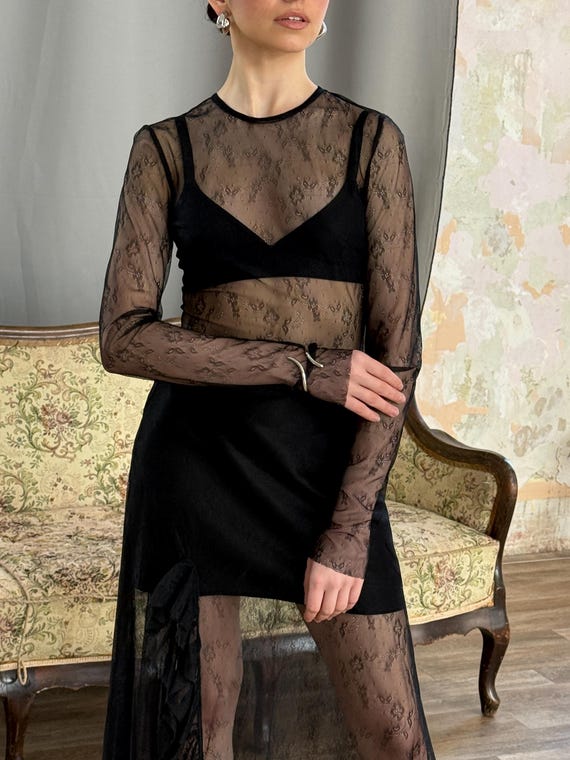 Black Sheer Lace Maxi Dark Coquette Dress, Transparent Mesh Long Sleeve Dress, See Through Layered Gothic Romance Dress with High Slit