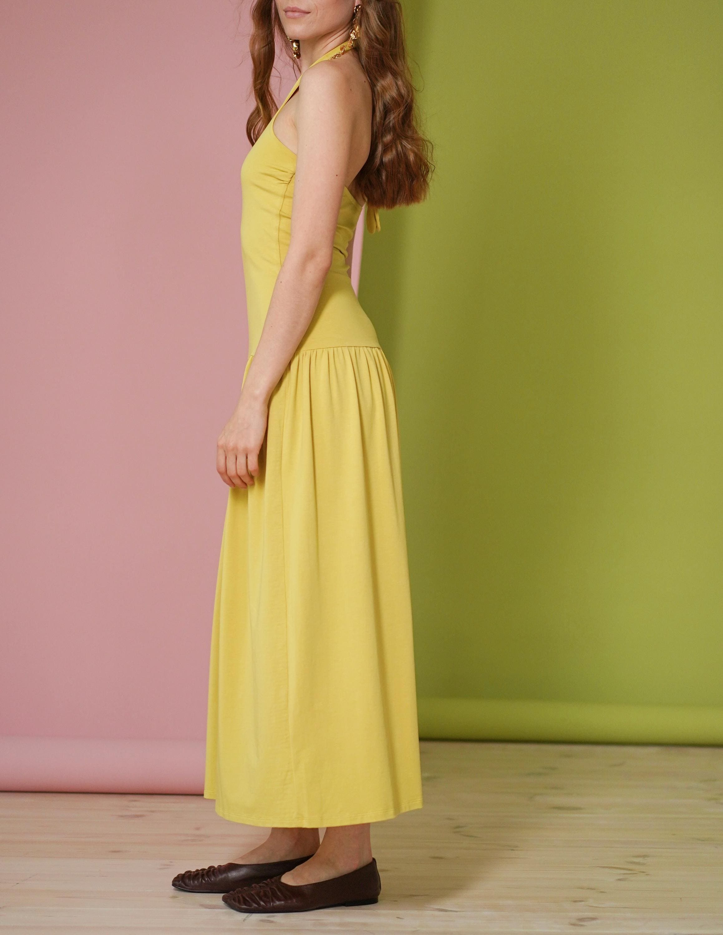 Pale Yellow Halter Neck Cotton Jersey Dress: Fitted Bodycon Maxi Drop Waist Sundress