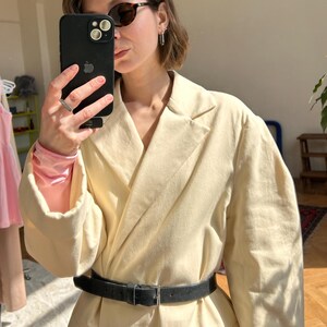 Women’s Oversized Cotton Blazer - Butter Yellow Single-Breasted Jacket, Tailored Suit Jacket Pleated Shoulders, Summer Double Layer Blazer