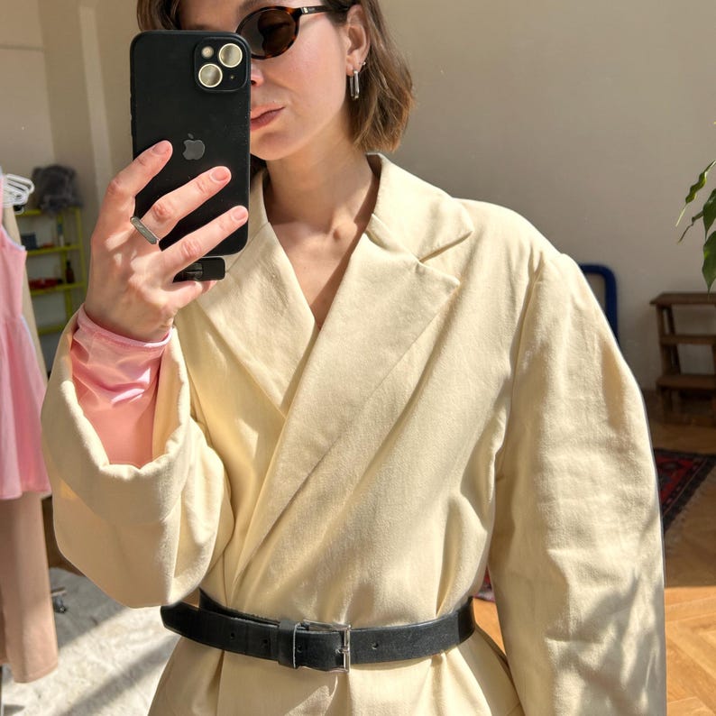 Women’s Oversized Cotton Blazer - Butter Yellow Single-Breasted Jacket, Tailored Suit Jacket Pleated Shoulders, Summer Double Layer Blazer