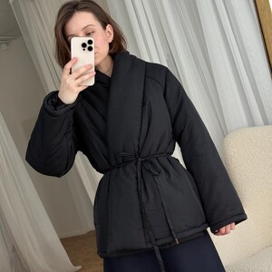 Black Wrap Jacket Kimono Jacket Winter Puffer Coat Stand Collar Down Jacket Japanese Jacket Coat Womens Clothing