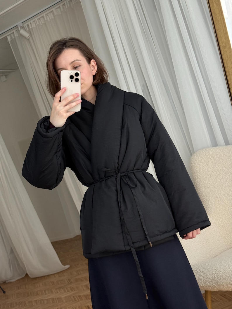 Black Wrap Jacket Kimono Jacket Winter Puffer Coat Stand Collar Down Jacket Japanese Jacket Coat Womens Clothing