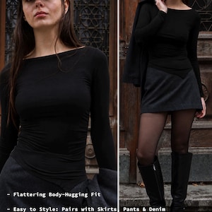 Asymmetrical Boat Neck Long Sleeve Top: Soft Viscose Jersey Black Slim Fit Shirt, Elegant Evening Twisted Blouse