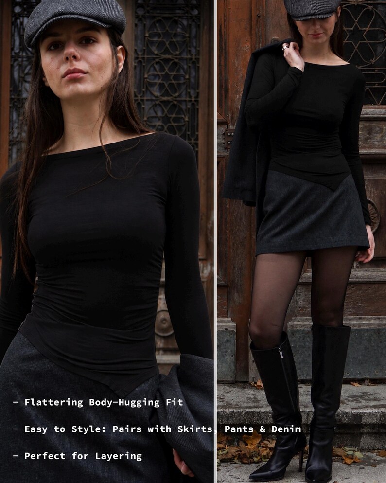 Asymmetrical Boat Neck Long Sleeve Top: Soft Viscose Jersey Black Slim Fit Shirt, Elegant Evening Twisted Blouse