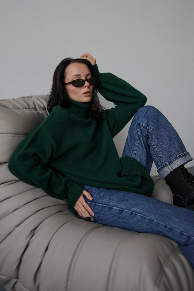 Women Wool Sweater With Side Slits Green Turtleneck Pullover Soft Knit Jumper Gift for Her One Size Sweater image 5