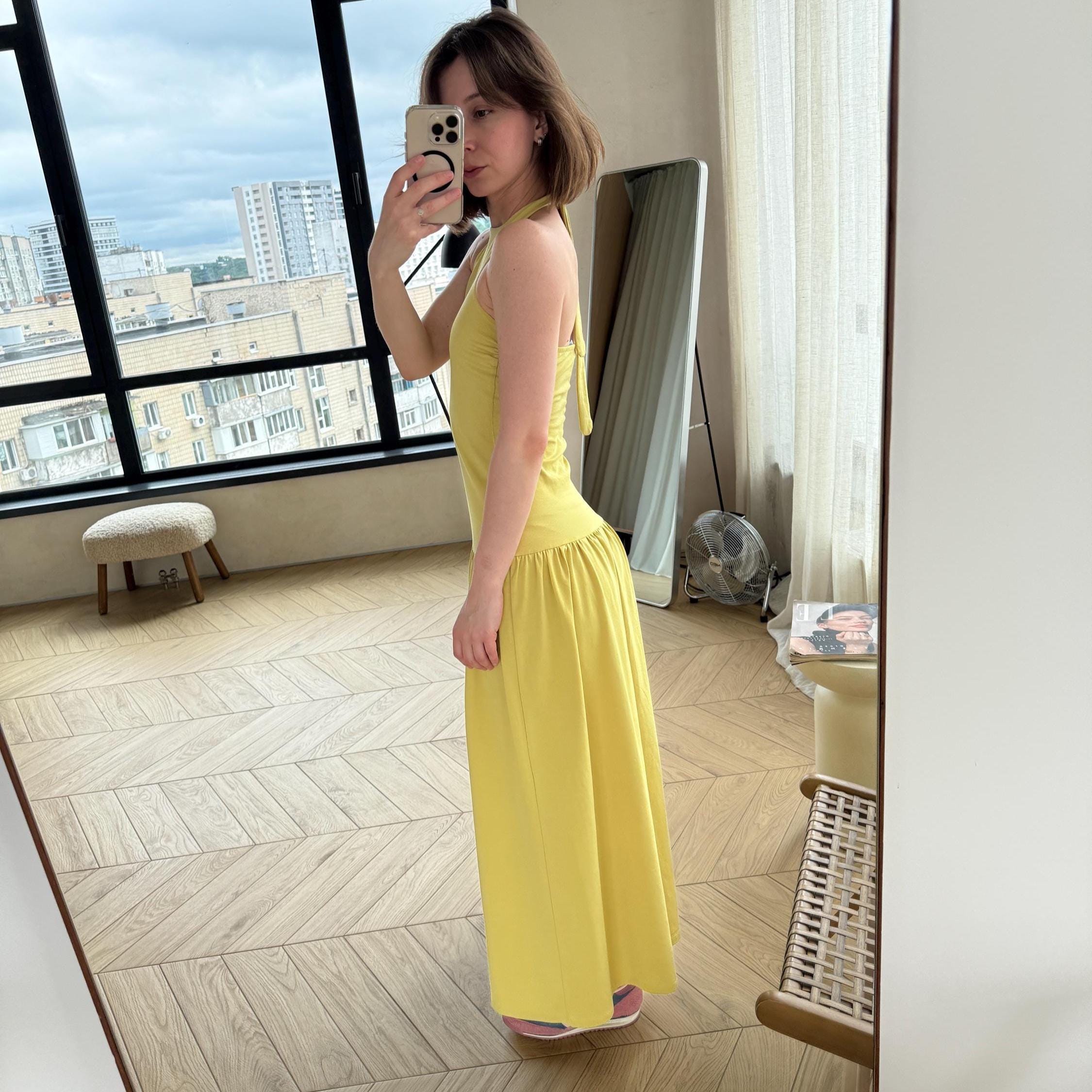 Pale Yellow Halter Neck Low Waist Dress: Cotton Tight Maxi Bodycon Fitted  Dress for Women Jersey - Etsy