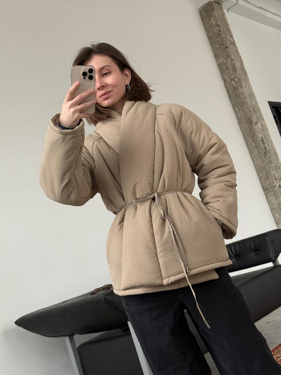 Black Wrap Jacket Padded Kimono Jacket Winter Puffer Coat Stand