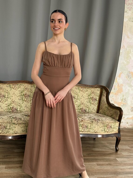 brown western bridesmaid dresses Milkmaid Cottagecore Drop Waist Dress: Basque Tencel Maxi Dress Boho Wedding Guest have for any bridal dealroom Black A-Line Midi Dress Size:wholesale_M