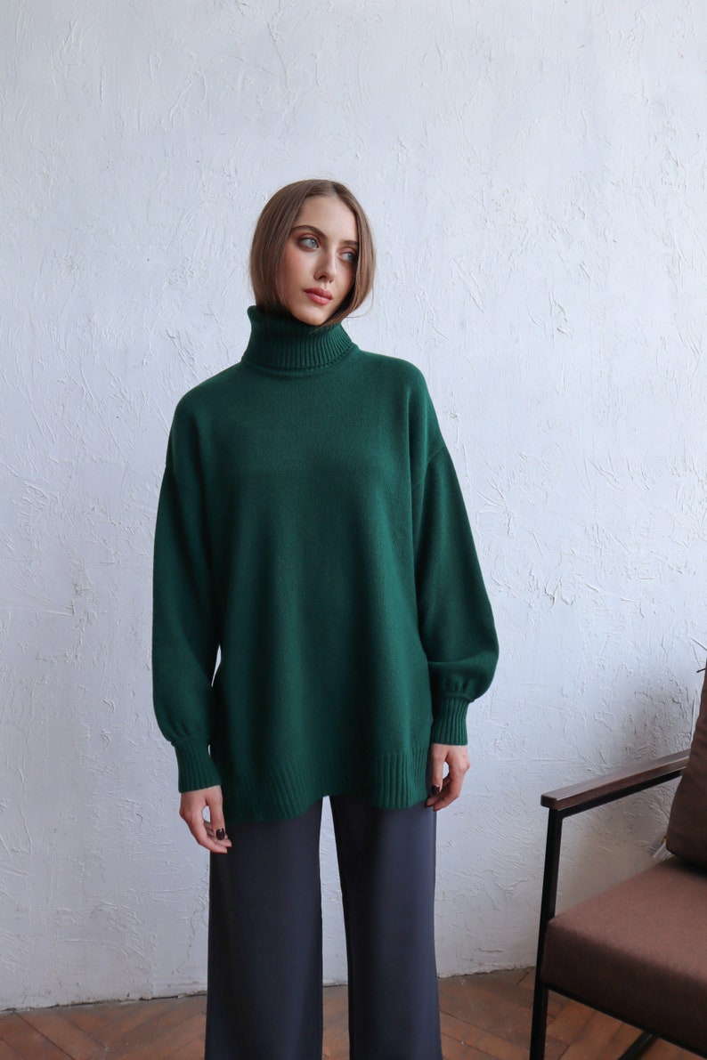 Women Wool Sweater With Side Slits Green Turtleneck Pullover Soft Knit Jumper Gift for Her One Size Sweater image 2