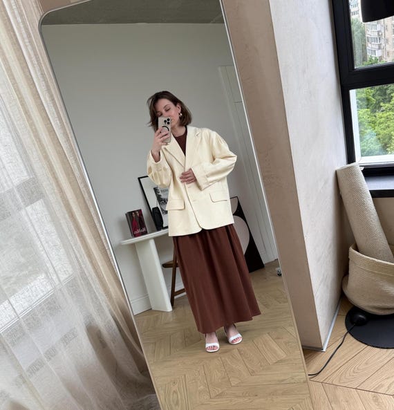 Women’s Butter Yellow Oversized Cotton Blazer: Pleated Shoulder Tailored Suit Jacket