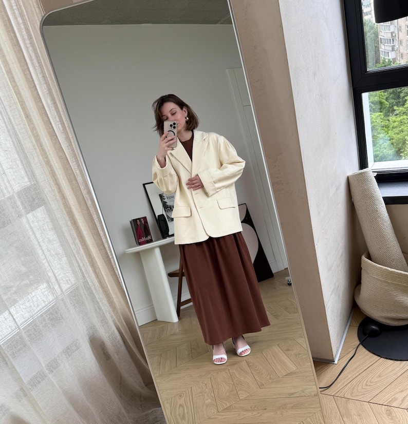 Women’s Oversized Cotton Blazer - Butter Yellow Single-Breasted Jacket, Tailored Suit Jacket Pleated Shoulders, Summer Double Layer Blazer