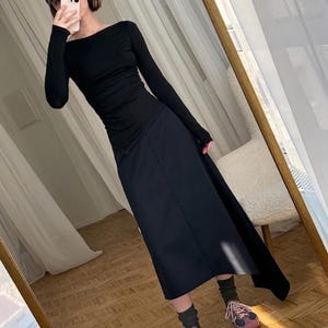 Asymmetrical Boat Neck Long Sleeve Top: Soft Viscose Jersey Black Slim Fit Shirt, Elegant Evening Twisted Blouse