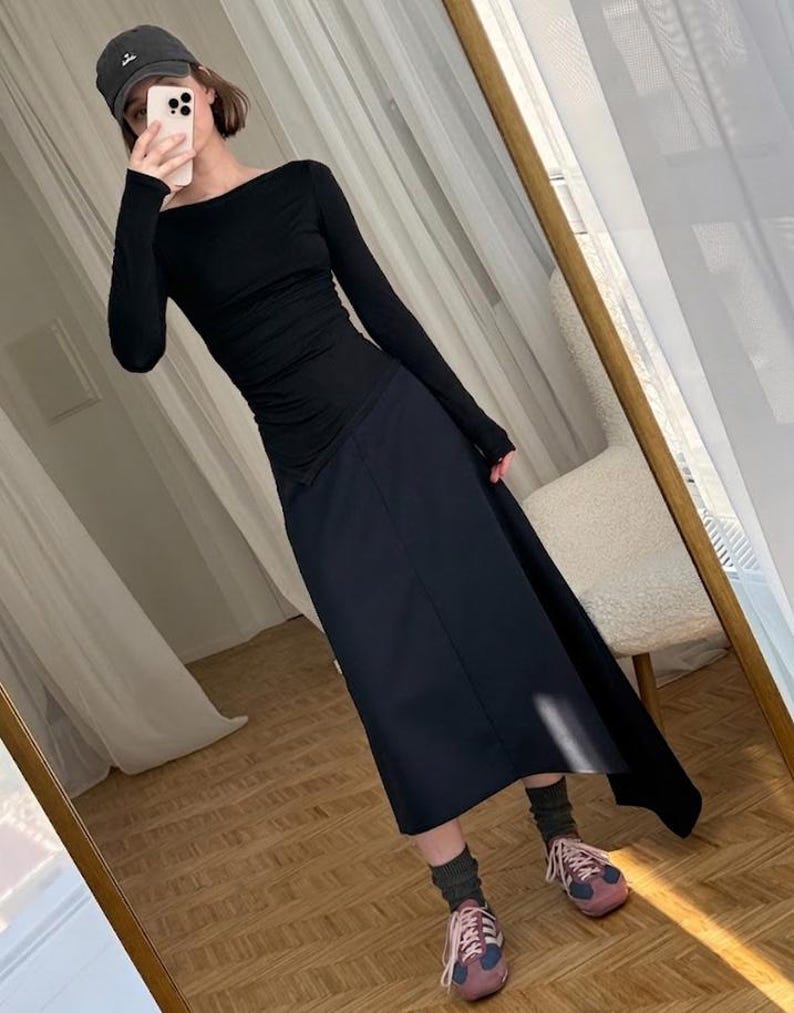 Asymmetrical Boat Neck Long Sleeve Top: Soft Viscose Jersey Black Slim Fit Shirt, Elegant Evening Twisted Blouse