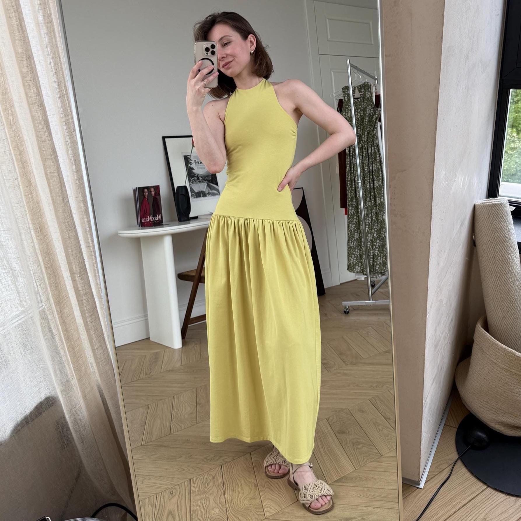 Pale Yellow Halter Neck Low Waist Dress: Cotton Tight Maxi Bodycon Fitted Dress for Women Jersey Pale Yellow Halter Neck Low Waist Dress: Cotton Tight Maxi Bodycon Fitted Dress for Women Jersey
