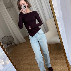 Asymmetrical Boat Neck Long Sleeve Top: Soft Viscose Jersey Black Slim Fit Shirt, Elegant Evening Twisted Blouse