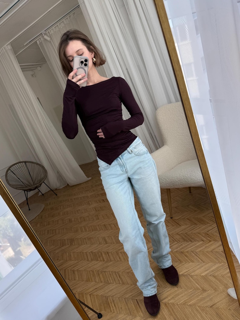 Asymmetrical Boat Neck Long Sleeve Top: Soft Viscose Jersey Black Slim Fit Shirt, Elegant Evening Twisted Blouse