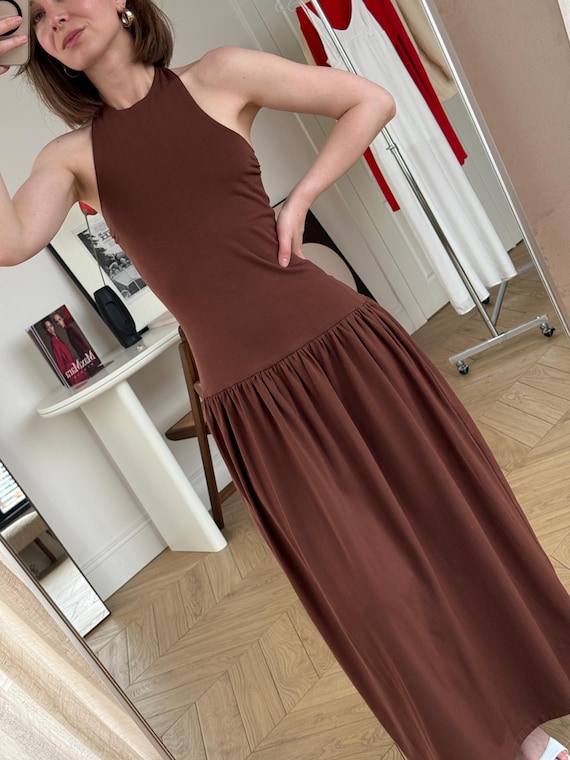 long tight brown dress Cotton Jersey Halter Dress: Fitted Sleeveless Maxi Drop Waist Bodycon Sundress Siena Women's Formal & vestidos midis Color:Bronze* cut elegant evening gowns