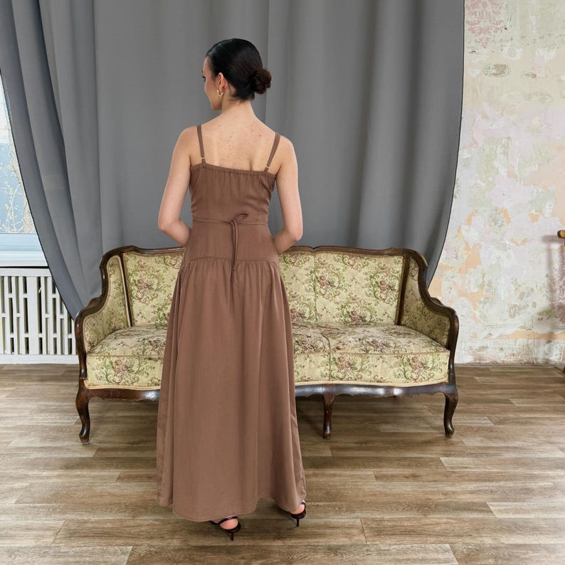 Brown Tencel Dress Western Bridal Dress Cottagecore Drop Waist Dress Bridesmaids Dress Wedding Guest Dress Boho Summer Maxi Dress
