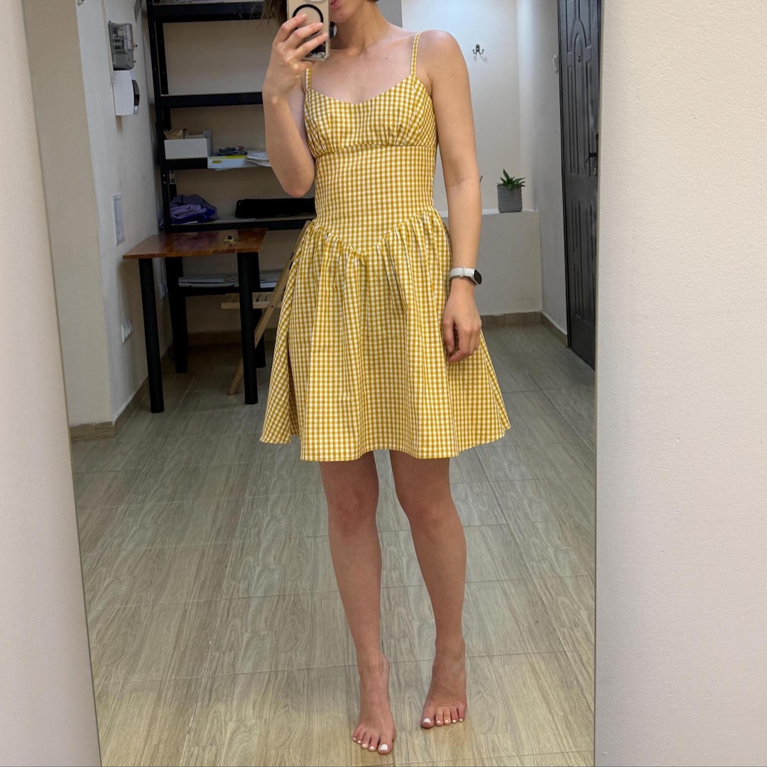 Yellow Gingham Basque Waist Linen Mini Dress: Picnic Cottagecore Bustier Sundress