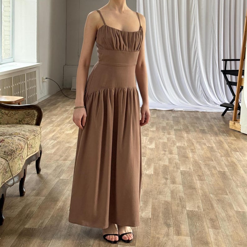 Brown Tencel Dress Western Bridal Dress Cottagecore Drop Waist Dress Bridesmaids Dress Wedding Guest Dress Boho Summer Maxi Dress