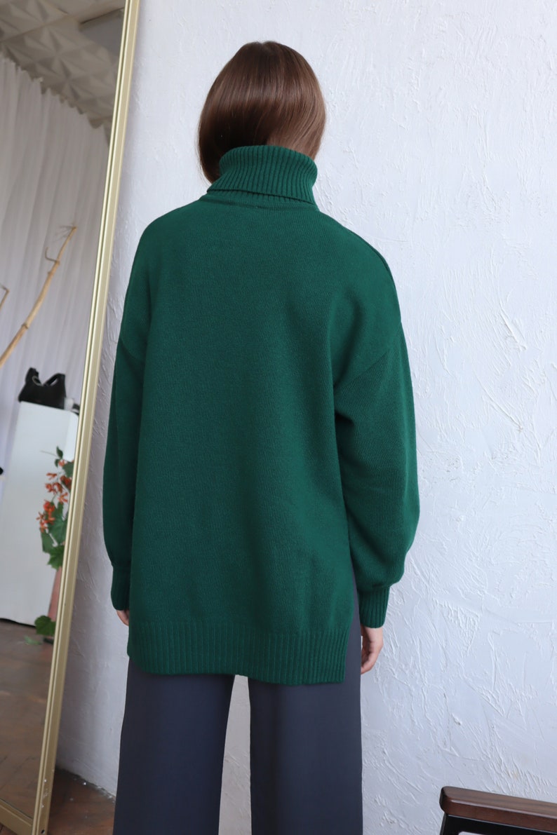 Women Wool Sweater With Side Slits Green Turtleneck Pullover Soft Knit Jumper Gift for Her One Size Sweater image 7