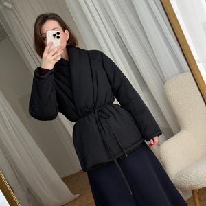 Black Wrap Jacket Kimono Jacket Winter Puffer Coat Stand Collar Down Jacket Japanese Jacket Coat Womens Clothing