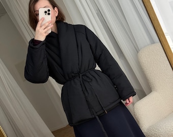 Black Wrap Jacket Padded Kimono Jacket Winter Puffer Coat Stand Collar Down Jacket Japanese Jacket Coat Womens Clothing
