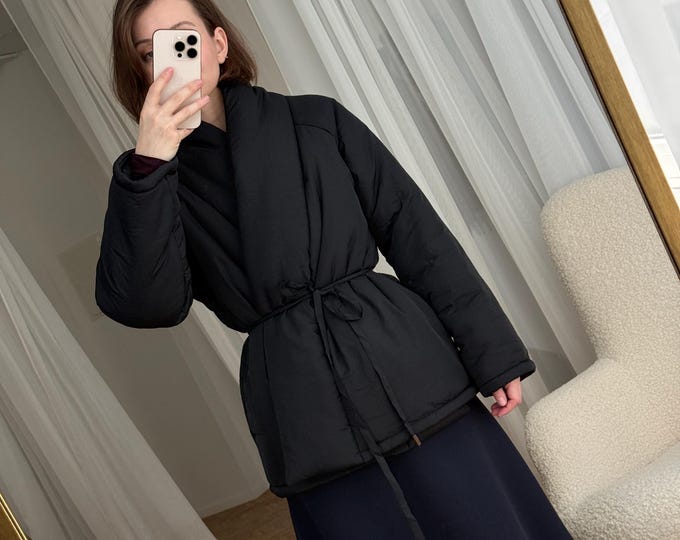 Black Wrap Jacket Padded Kimono Jacket Winter Puffer Coat Stand Collar Down Jacket Japanese Jacket Coat Womens Clothing