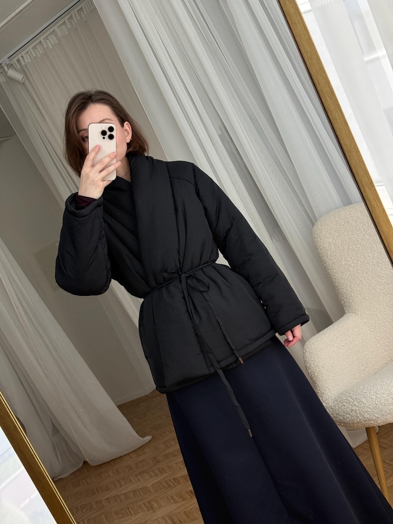Black Wrap Jacket Kimono Jacket Winter Puffer Coat Stand Collar Down Jacket Japanese Jacket Coat Womens Clothing