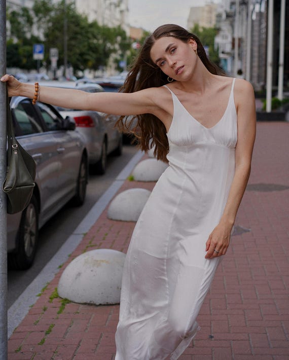 sheer white beach dress White Sheer Long Slit Dress– Beyazura.com main image 1