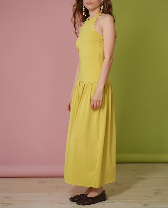 pale yellow bodycon dress Halter Neck Cotton Jersey Dress: Fitted Maxi Drop Waist Sundress Square neck Fixed shoulder Neckline:SCARF Black Velvet Lace Tulle Color:Tie-dye blue cotton