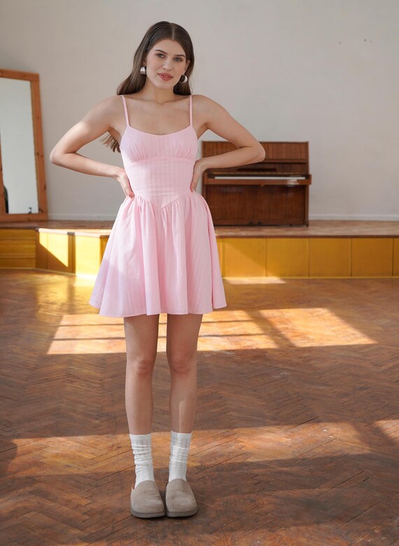 pink cotton mini dress Giselle Cotton Tie Front Tiered Mini Dress (Water Pink)