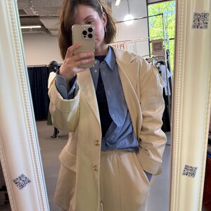 Women’s Oversized Cotton Blazer - Butter Yellow Single-Breasted Jacket, Tailored Suit Jacket Pleated Shoulders, Summer Double Layer Blazer