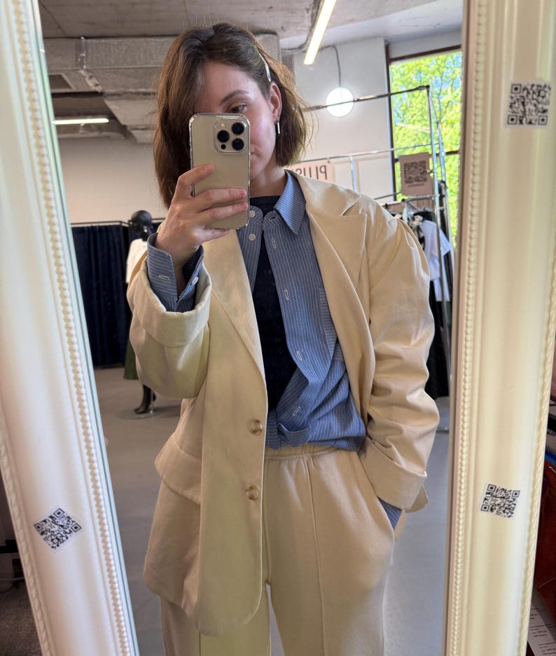 Women’s Oversized Cotton Blazer - Butter Yellow Single-Breasted Jacket, Tailored Suit Jacket Pleated Shoulders, Summer Double Layer Blazer