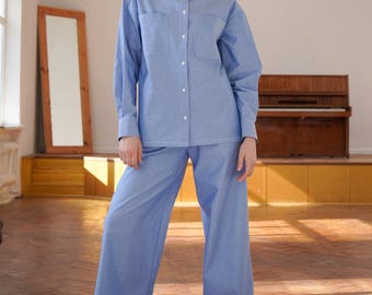 Cotton Pajama Set: Blue Striped Wide Leg Lounge Set with Button-Down Shirt