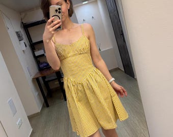 Yellow Gingham Linen Mini Dress: Basque Waist Cottagecore Sundress Yellow Gingham Linen Mini Dress: Basque Waist Cottagecore Sundress