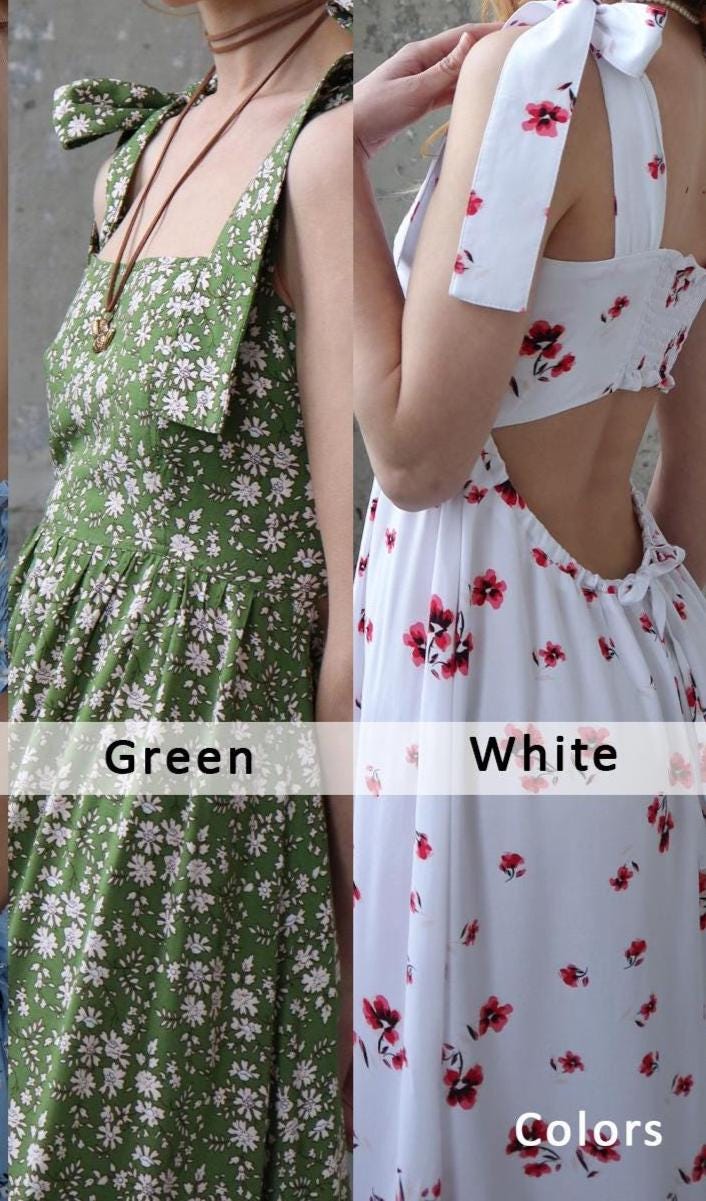 Green Floral Maxi Dress: Open Back Viscose Hippie Summer Flower Sundress