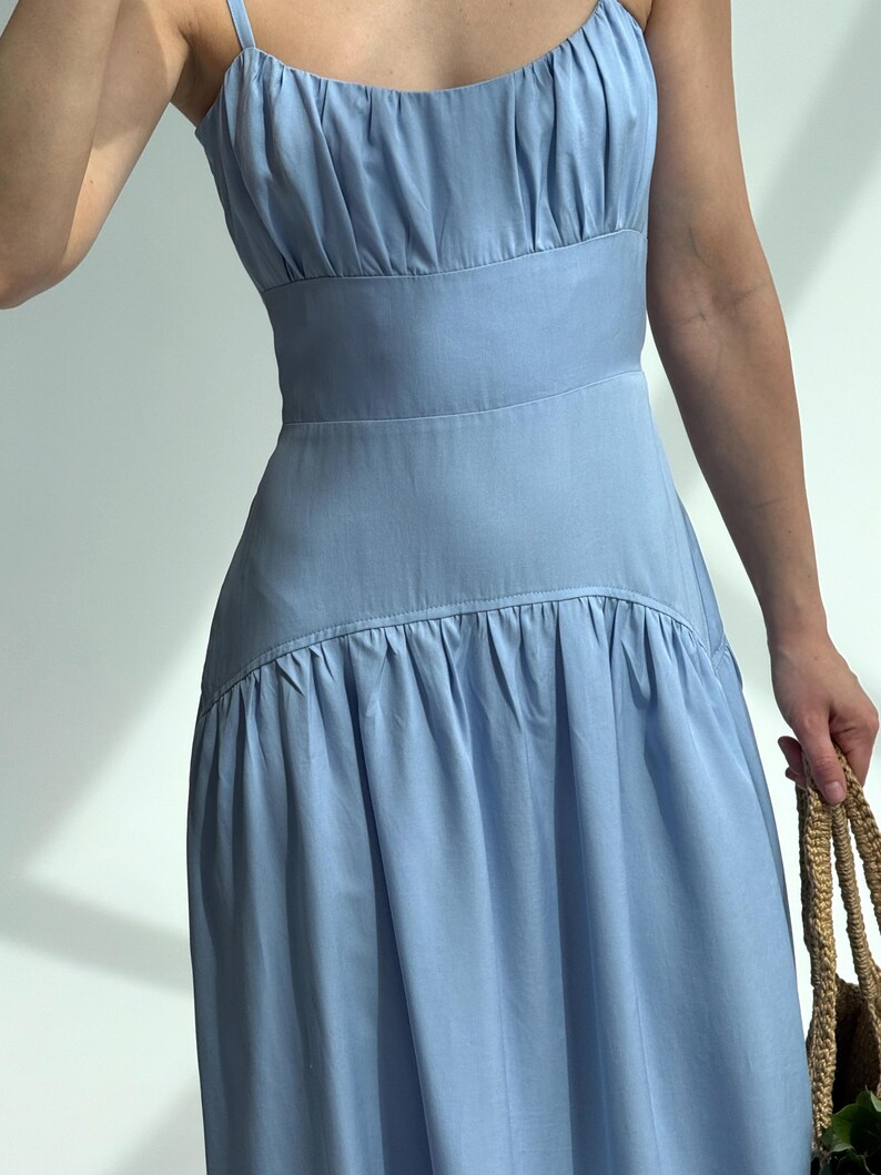 Blue Milkmaid Drop Waist Tencel Maxi Dress, Cottagecore Basque Bridesmaid Dress, Coquette Regencystore Wedding Guest Gown