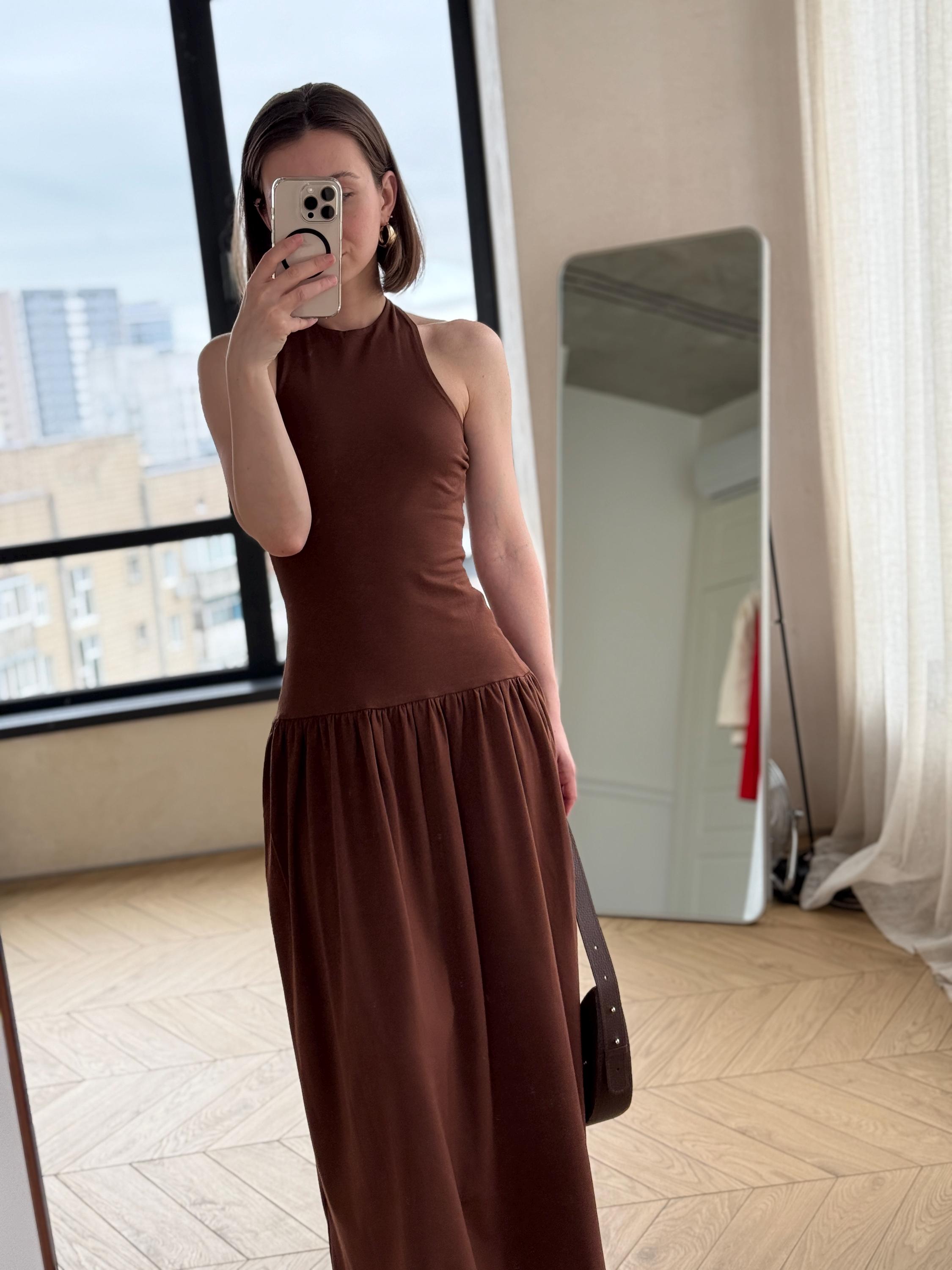 Brown Cotton Jersey Halter Dress: Fitted Sleeveless Maxi Drop Waist Bodycon Sundress