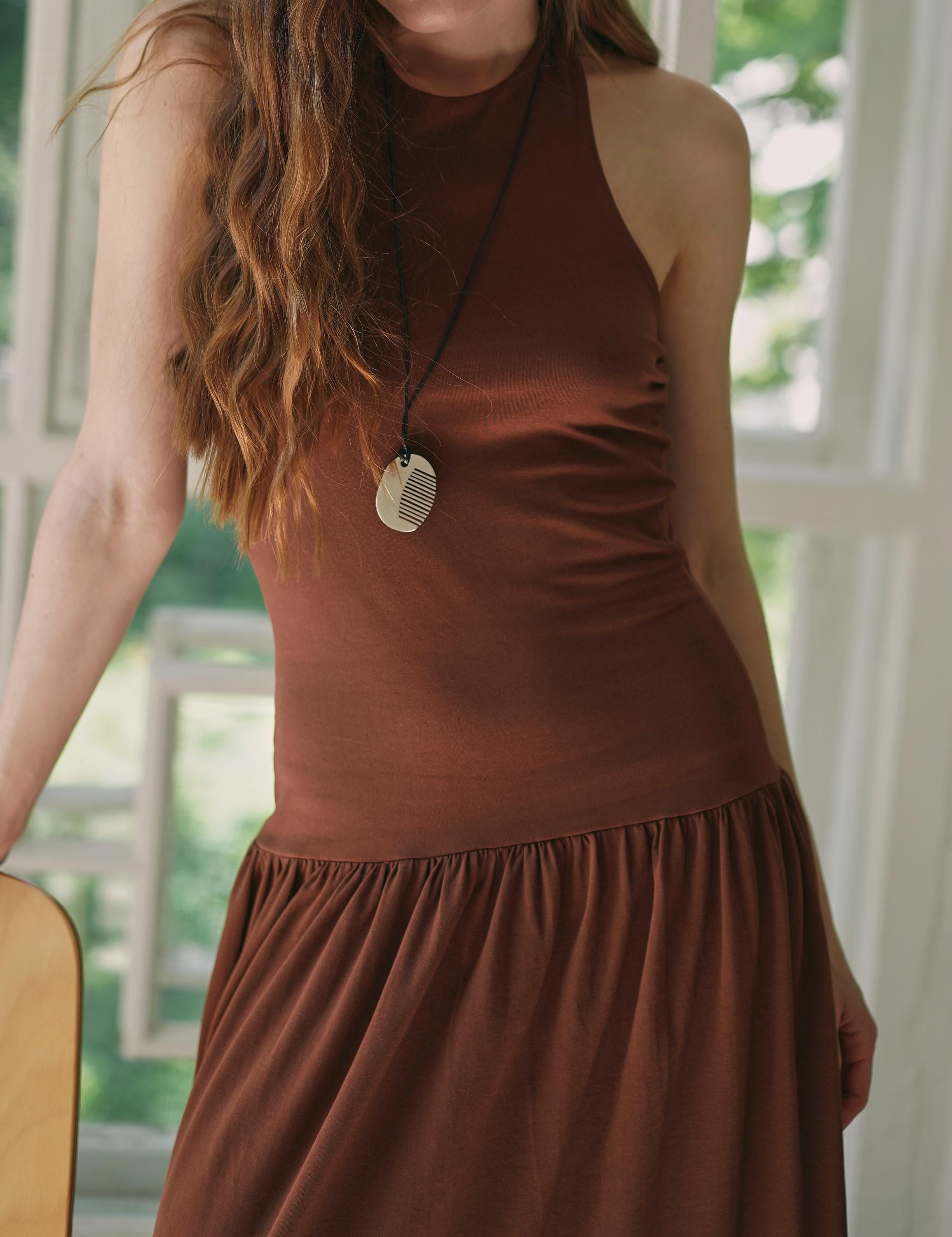 Brown Tight Cotton Jersey Halter Neck Low Drop Waist Dress: Sleeveless Bodycon Midi Dress