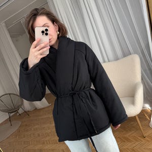 Black Wrap Jacket Kimono Jacket Winter Puffer Coat Stand Collar Down Jacket Japanese Jacket Coat Womens Clothing