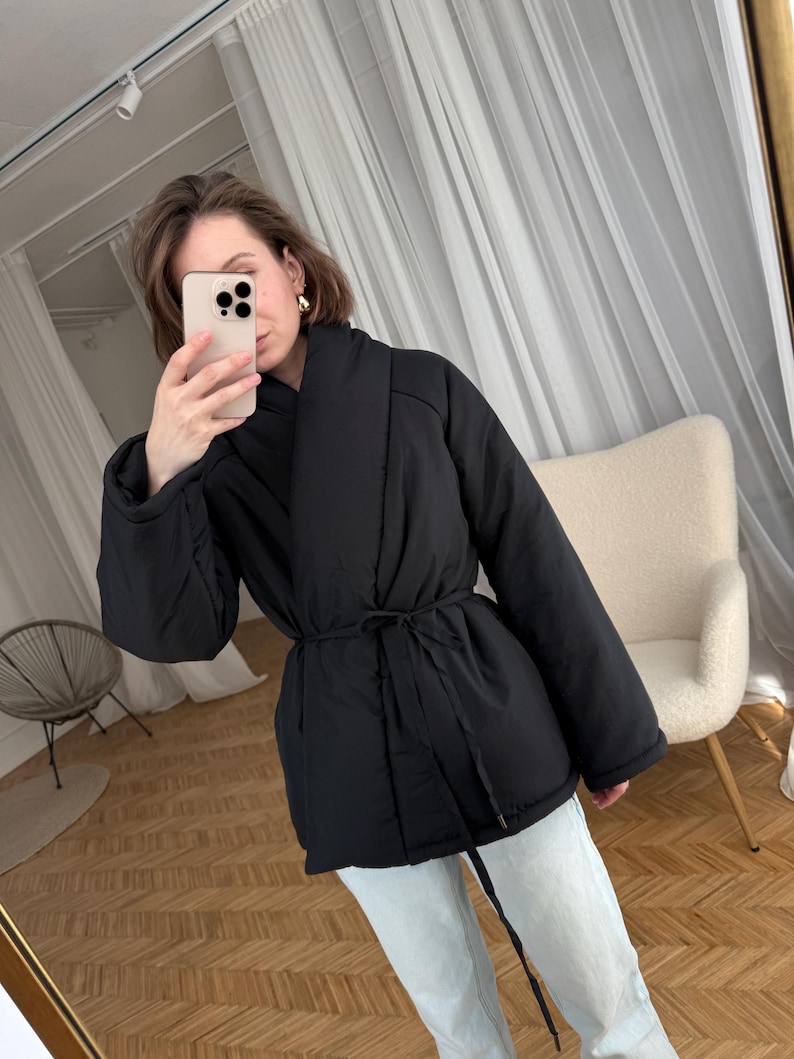 Black Wrap Jacket Kimono Jacket Winter Puffer Coat Stand Collar Down Jacket Japanese Jacket Coat Womens Clothing