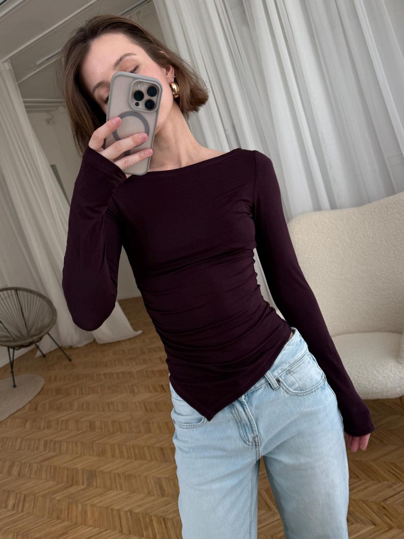 Asymmetrical Plum Long Sleeve Top: Soft Viscose Jersey, Minimalist Slim Fit Shirt, Elegant Evening Top