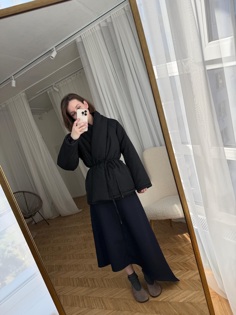 Black Wrap Jacket Kimono Jacket Winter Puffer Coat Stand Collar Down Jacket Japanese Jacket Coat Womens Clothing
