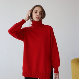 Women Wool Sweater With Side Slits Green Turtleneck Pullover Soft Knit Jumper Gift for Her One Size Sweater Red