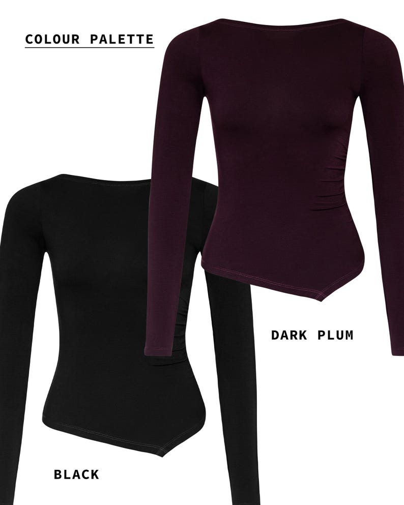 Asymmetrical Boat Neck Long Sleeve Top: Soft Viscose Jersey Black Slim Fit Shirt, Elegant Evening Twisted Blouse