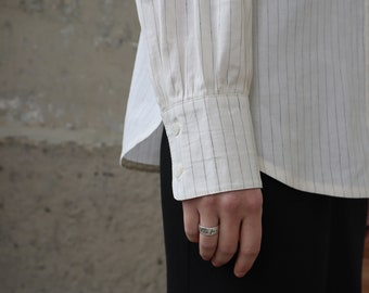 Linen Striped Shirt for Women Long Sleeve Blouse White Oversized Button Down Shirt Ivory Luxurious Shirt with Pockets Linen Shirt