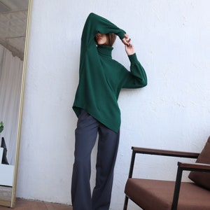 Women Wool Sweater With Side Slits Green Turtleneck Pullover Soft Knit Jumper Gift for Her One Size Sweater image 10