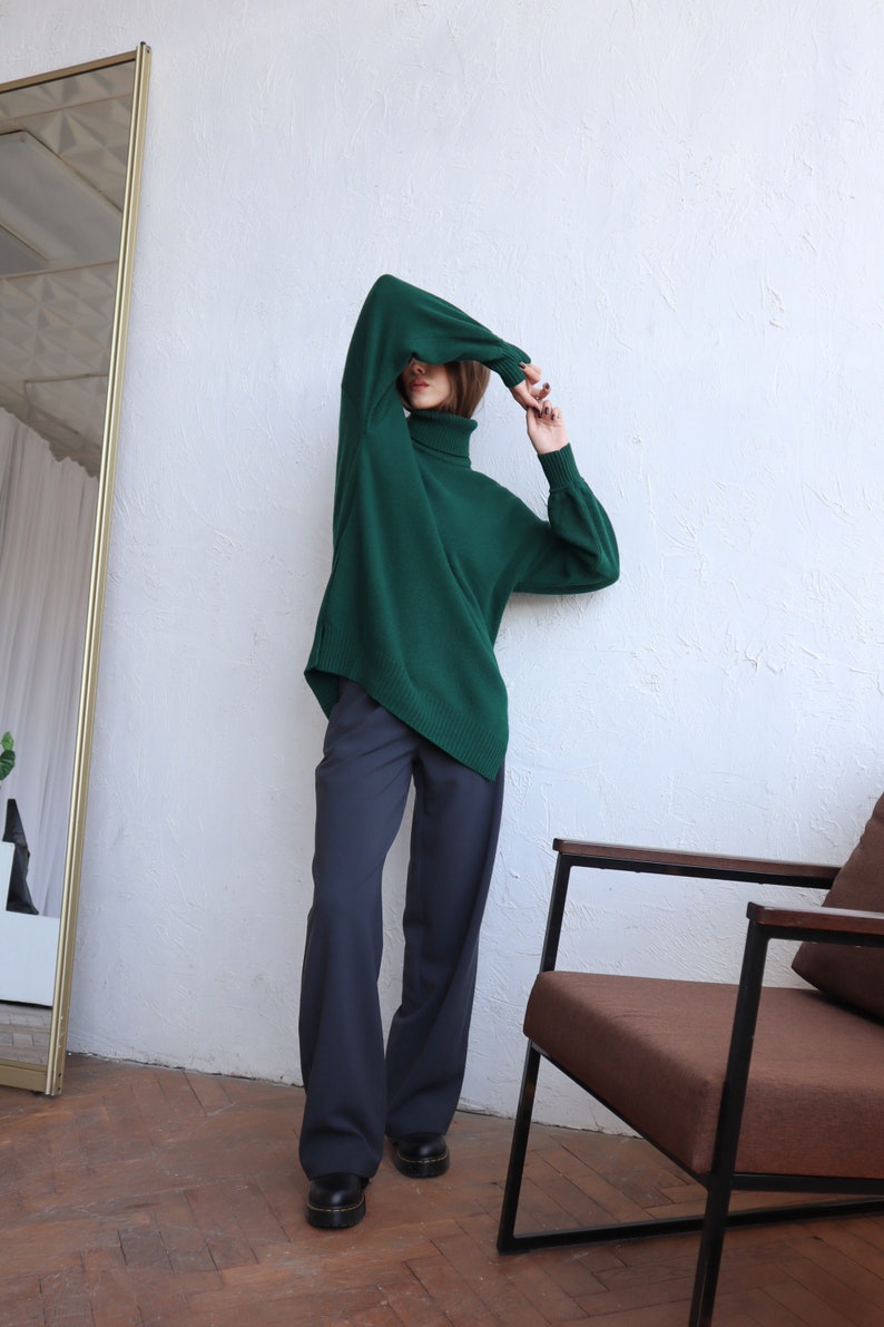 Women Wool Sweater With Side Slits Green Turtleneck Pullover Soft Knit Jumper Gift for Her One Size Sweater image 10
