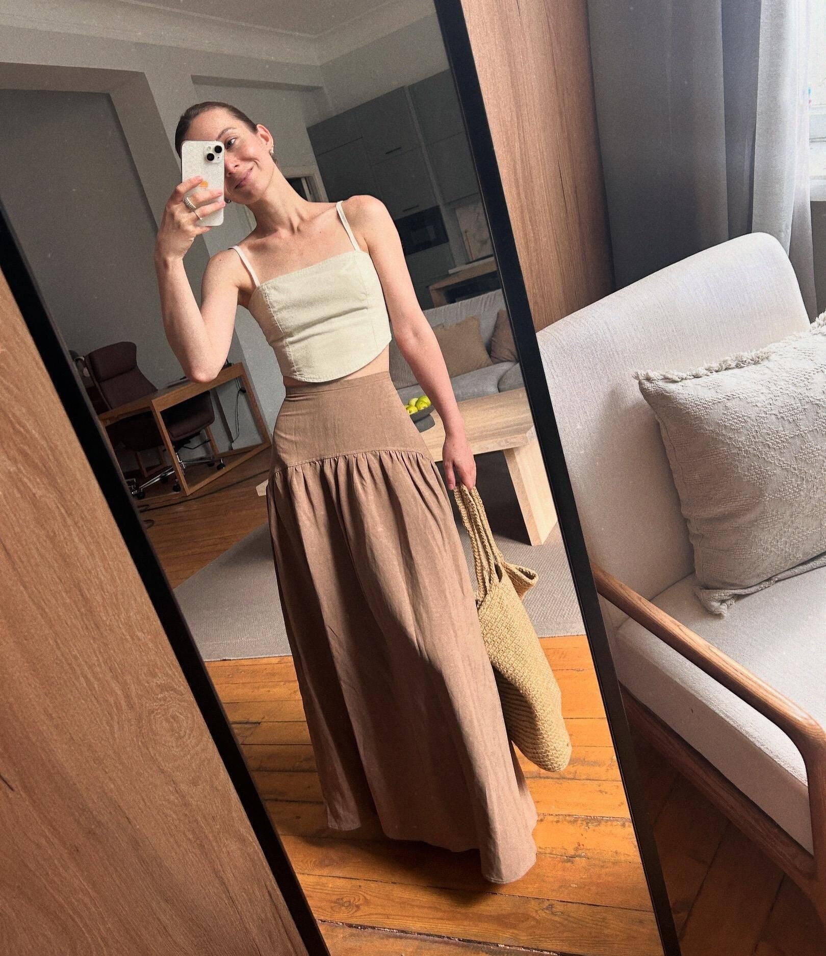 ◆ojos◆ Layered Yoke Skirt Khaki 21HS-1-SK02- KK yuksek-bel-yirtmacli-keten-
